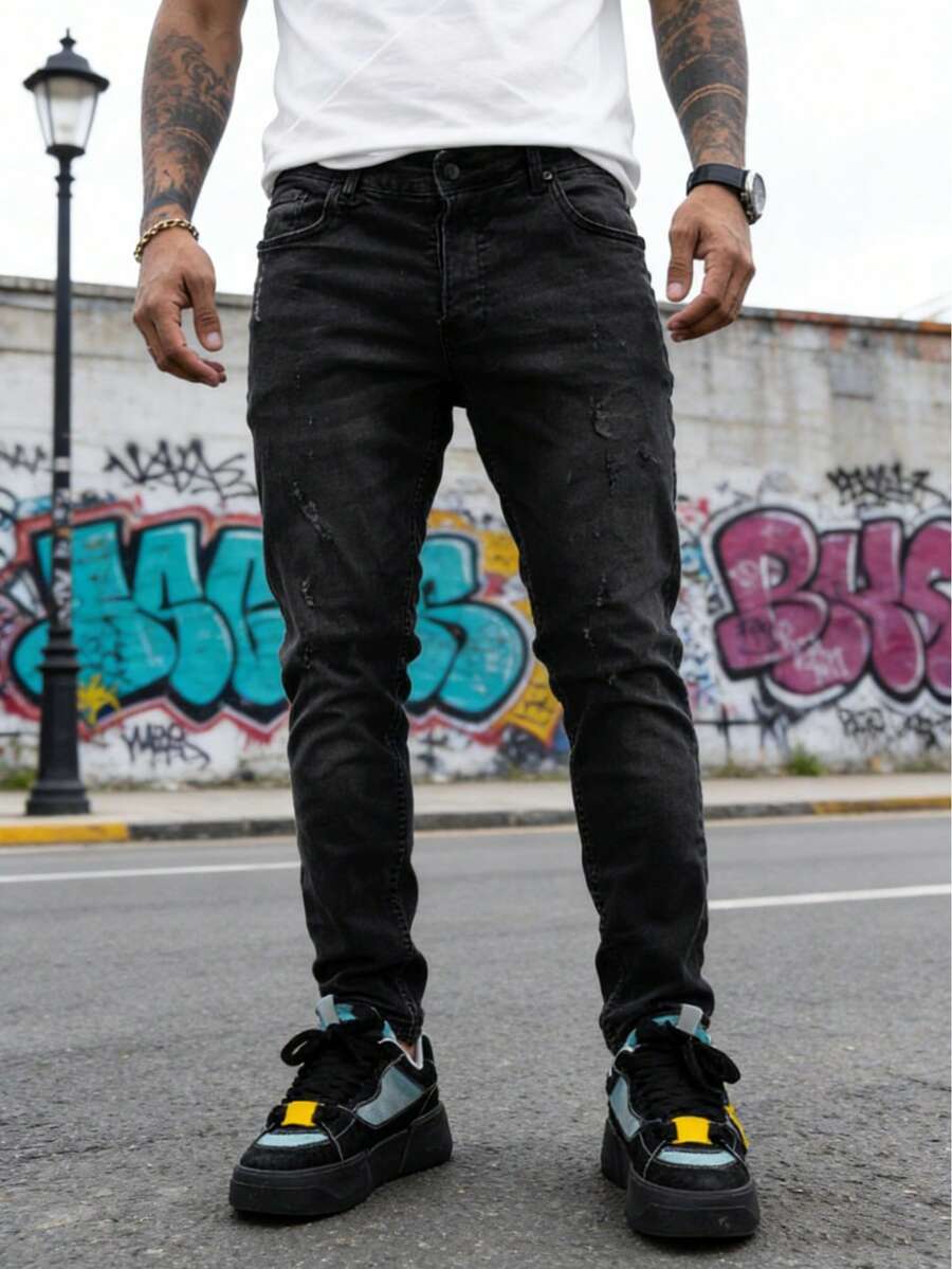 Quần jeans nam màu đen rách dáng skinny, quần jean bó sát kiểu Hàn Quốc. - màu đen - Xem 1