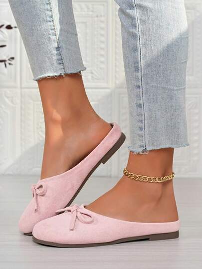 Women's Flat Slip-On Shoes, Solid Color Fashion Bow Round Toe, Outdoor Mules For Spring & Summer