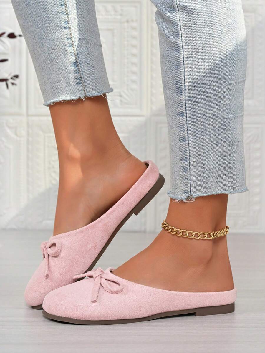 Zapatos planos sin cordones para mujer, unicolor con lazo y punta redonda, mules para exteriores para primavera y verano - Rosa - Ver 1
