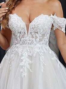 White Stiffening Net And Champagne Lining Off-Shoulder Detachable Tulle Long A-Line Sparkly Embroidery Wedding Dress, Elegant And Sexy, Suitable For All Seasons - Beige - View 2