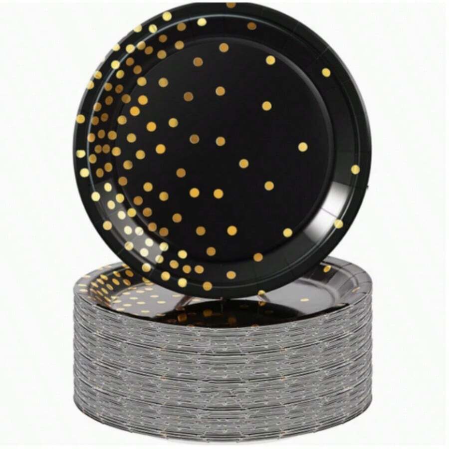 10/20/50pcs 9inch/7inch Thick Black & Gold Polka Dot Paper Plates, Premium Disposable Tableware Suitable For Party, Wedding And Fine Dining - Gold Dot Black - View 1