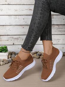 24 New Women's Patchwork Pattern Contrast Color Hollow Breathable Retro Floral Lightweight Lace-Up Road Running Sneakers,Trainers Women,Back To School - Brown - View 4