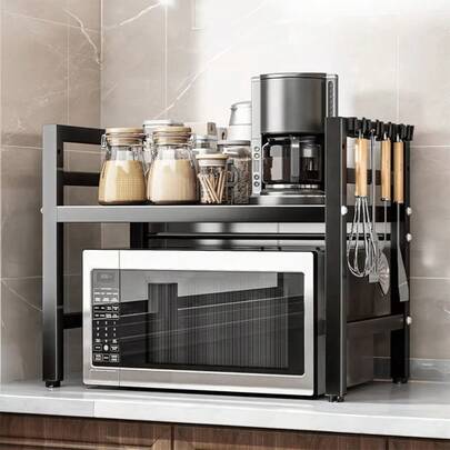 Microwave Oven Rack, Double Layer Carbon Steel Adjustable Microwave Shelf, Toaster Rack Heavy Duty Stand Kitchen Countertop Organizer,30kg Load Bearing, 2 Tier With 6 Hooks