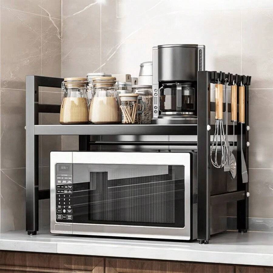 Microwave Oven Rack, Double Layer Carbon Steel Adjustable Microwave Shelf, Toaster Rack Heavy Duty Stand Kitchen Countertop Organizer,30kg Load Bearing, 2 Tier With 6 Hooks - Black - 2 Layers - View 1