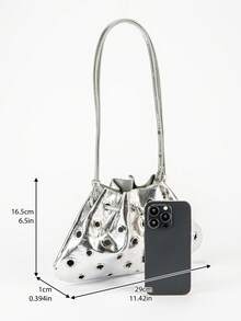 春夏新款镂空金属街头风单肩包、斜挎包、抽绳水桶包、流浪包、时尚女包、复古街头风包、可调节肩带两用单肩包、情人节女包 - 亮銀色 - 查看 2