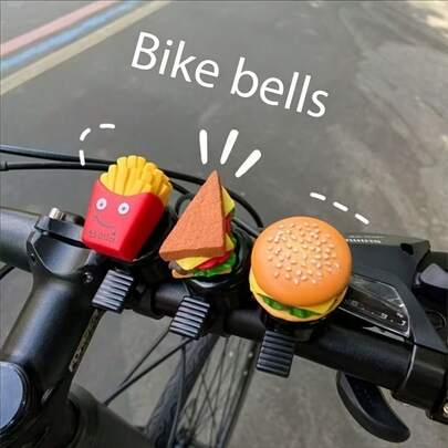 Chuông xe đạp hoạt hình độc đáo, thiết kế hình bánh hamburger, khoai tây chiên và bánh mì kẹp dễ thương, âm thanh siêu to và rõ ràng, phù hợp với xe đạp leo núi, xe tay ga và xe máy, phụ kiện trang trí xe đạp vui nhộn, hoàn hảo cho trẻ em và người lớn, lý tưởng cho việc đi lại hàng ngày, các chuyến đi đường dài và các cuộc phiêu lưu đạp xe ngoài trời.