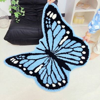 柔软防滑蝴蝶形浴室地垫，装饰地毯，毛绒印花浴室地毯，可机洗加厚浴室地垫，适用于浴室地板、浴缸和淋浴间（蓝色）