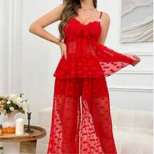 Valentine's Day Gift For Women,Red Heart - Print Lace Cami And Wide - Leg Pajama Set, Sexy Sleepwear For Women - 紅色 - 查看 4