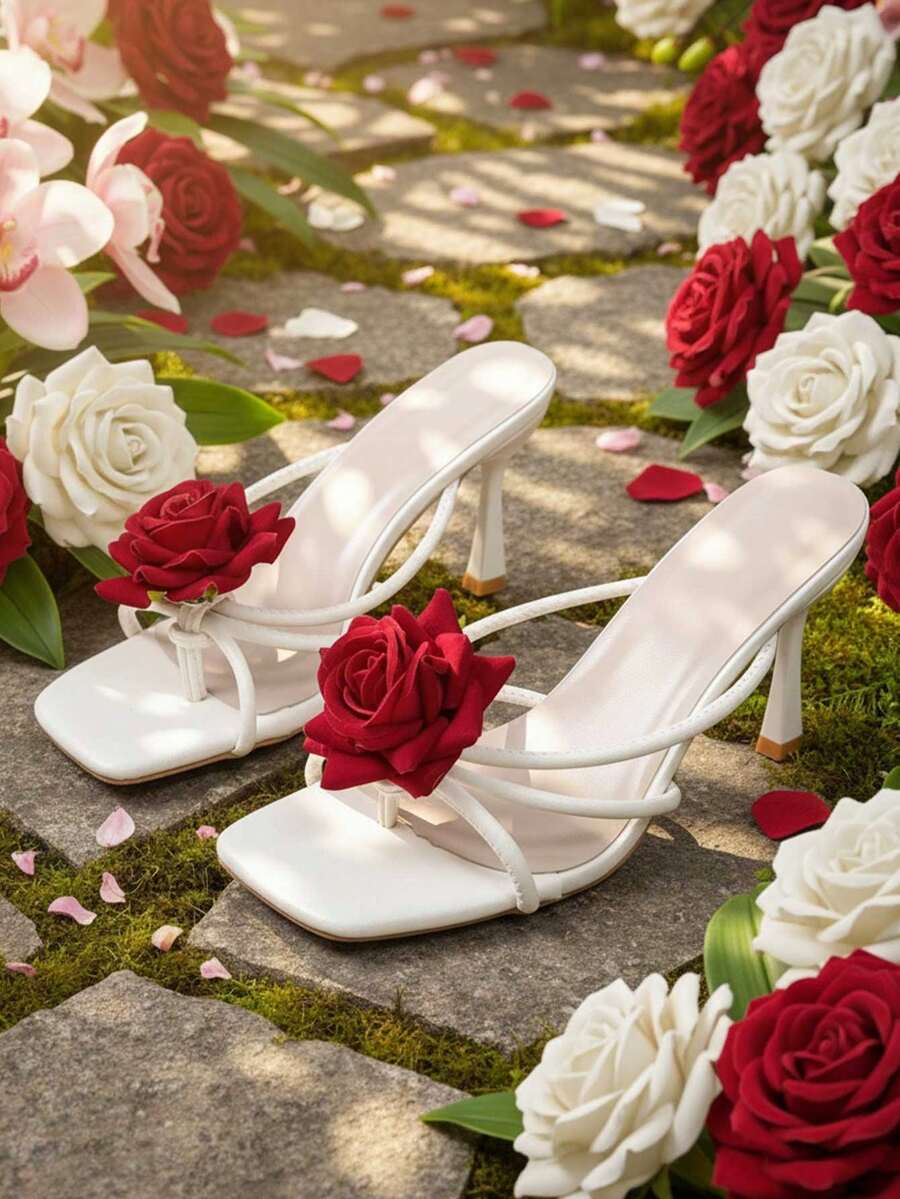 女士时尚休闲优雅方头花卉PU条纹套脚舒适日常夏季红色高跟凉鞋 - 紅色 - 查看 1