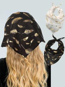 1pc Printed Golden Feather Pattern Scarf Headband, Suitable For Countryside Style Daily Wear - Multicolor - View 3