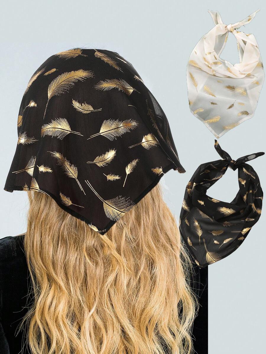 1件印花金色羽毛图案围巾头带，适合乡村风格日常佩戴，女士时尚头巾发饰，休闲发带，优雅发巾 - 彩色 - 查看 1