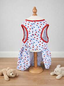 holdhoney 1 Piece Fresh Retro-Style Pet Sundress, Light Fabric Dog Sleeveless Outfit, Charming Vintage Style With Light Blue Base & Contrasting Red-Blue Pattern, Sleeveless Shape Accented With Large Red Bow Detail For Sweet Look, Breathable & Comfortable Function To Keep Small Dogs Like Poodles Cozy - Multicolor - View 7