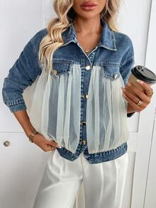 Women's Short Denim Jacket With Mesh Collar - Blue - View 2