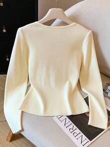 Blusa de mujer Camiseta sexy de corte ajustado con cuello cuadrado y lazo para mujer, modelo Pure Desire, para principios de otoño, con manga larga y corte corto. - Albaricoque - Ver 2