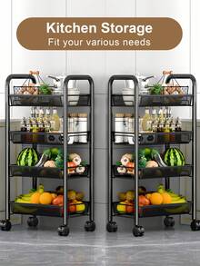 Storage Cart With Drain Basket, Mobile Shelving Unit Rolling Utility Cart, Rolling Cart, Rolling Pantry Organizers, Kitchen Organizer, Organization For Living Room, Bathroom, Kitchen Office, Black - 黑色 - 查看 4