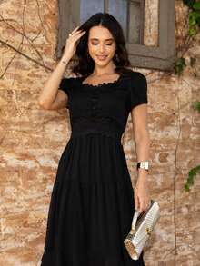 Elegant Boho Chiffon Midi Dress With Elastic Waist, Ruffled Hem, Pleated, Layered, Modest Fashion, Wedding, Summer - Hitam - View 3