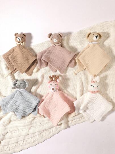 1pc Soft Printed Solid Color Baby Comforter Cloth, Face Towel, Handkerchief, Washcloth, Drool Bib, Rabbit, Bear, Elephant, Deer Animal Head Soother Blanket