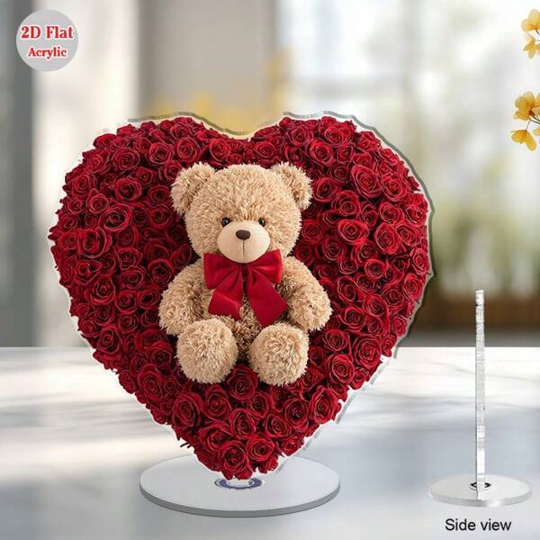 1pc 2D Rotating Acrylic Tabletop Teddy Bear & Red Rose Heart Centerpiece Decor - Light Brown Bear With Red Bow Tie, Deep Red Rose, Modern Valentine's Day, Wedding Home Decor, Suitable For Living Room, Bedroom, Bathroom, Kitchen