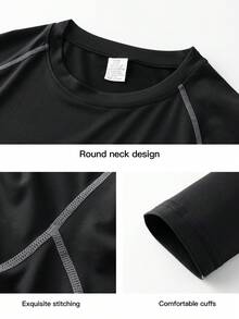 1pc Men's Compression Long Sleeve Breathable Quick-Dry Fitness Top, Tight Core Workout Base Layer, Moisture-Wicking Black Spring Sports - Black - View 8