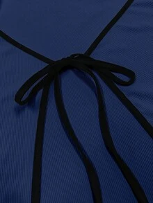 女士浪漫优雅撞色露肩针织连衣裙，西式夏季 - 藏蓝色 - 查看 4