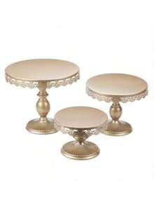 Set Of 3 Round Metal Cake Stand Set, Displaying Table For Birthday Party Cake Display Baby Shower Wedding Pastry Decor Supplies Cupcake Dessert Decoration,Dessert Table Display Set/Food Display Stands/Christmas Decor/Funny Gifts - Champagne - View 3