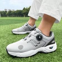 1 Pair Unisex Golf Shoes, Rotary Buckle Design, Versatile For Lawn Sports, Outdoor Casual Sports Shoes With Multi-Functional Grass Traction, All-Season Rubber Sole, EVA Sole And Microfiber Synthetic Upper, Suitable For Golf, Hiking, Training - White With Blue Decor, Golf Shoes, Hiking Shoes, Fashionable Sports Design, Durable Sports Wear - Grey - View 5