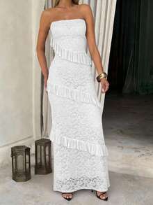 Đầm ren jacquard không dây gợi cảm dành cho nữ của Unadoll, thích hợp cho các buổi hẹn hò, đám cưới, kỳ nghỉ, tiệc tùng, sinh nhật, ngày Valentine và các dịp khác. - trắng - Xem 9