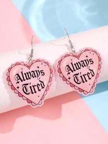 1 Pair Fashionable, Exquisite, Creative, Unique Sparkling "Always Tired" Letter, Pink Lace, Pearl Heart Acrylic Drop Earrings For Women, Suitable For Daily, Party, Commute, Holiday - Multicolor - View 6