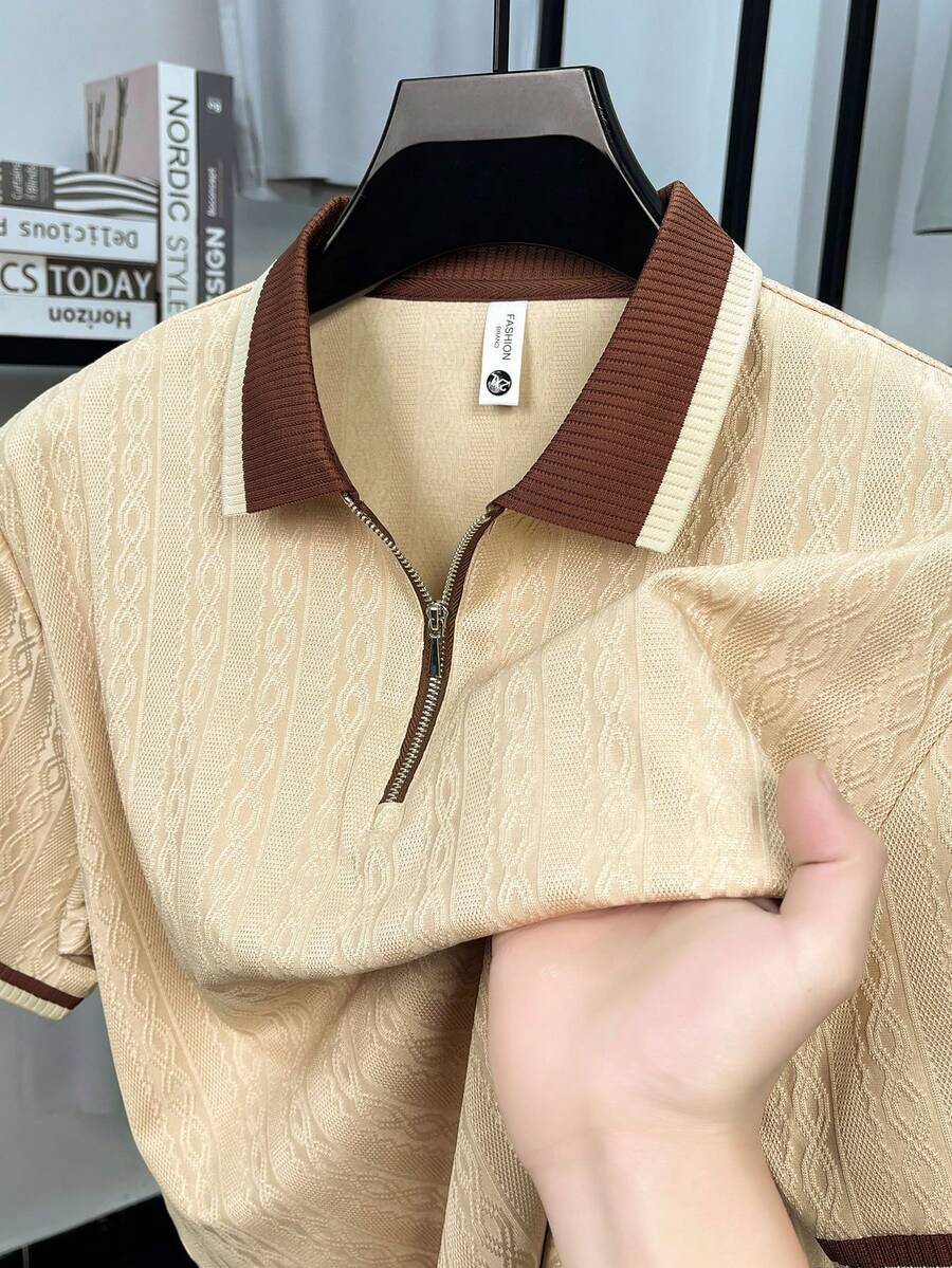 Áo polo nam kiểu dáng thường ngày, tay ngắn, họa tiết jacquard, viền cổ áo tương phản, thiết kế khóa kéo. - Màu be - Xem 1