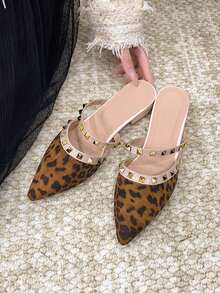 Women's Flat Slip-On Shoes With Studs, Chunky Heel, Closed Toe, Half-Backless, New Style For Outdoor Wear, Pointed Toe, Low Heel, Rhinestone PU Leather Soft Skin Mule Shoes - Camel - View 9