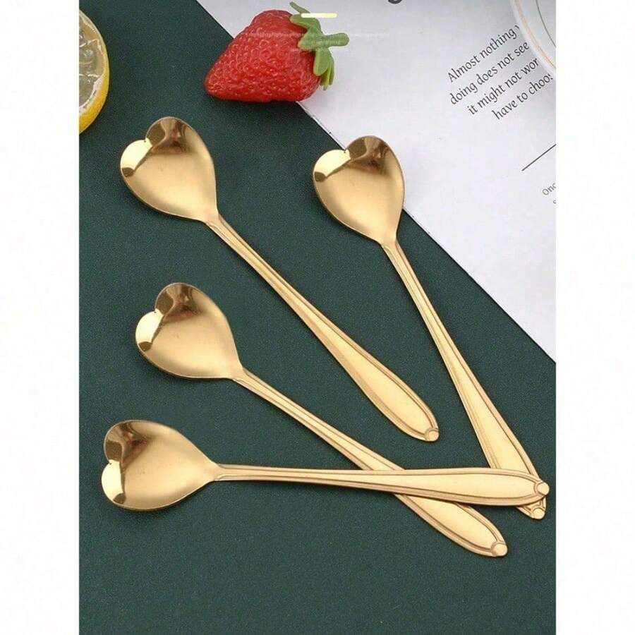 4pcs Heart Design Spoon, Stainless Steel Modern Creative Coffee Teaspoon, Stirring Spoon, Scoop For Cake School Supplies,Food Contact Materials,Dishwasher Friendly,Back To School Christmas For Holiday Gift Giving - Gold - View 1