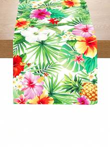 1pc Hawaiian Style Table Runner, Polyester Floral & Palm Leaf Pattern Table Runner, Hawaiian Theme Party Table Cloth, Holiday Birthday Wedding Party Decor Table Cloth, Summer Indoor Outdoor Party Supplies - Hawaiian Flowers - View 6