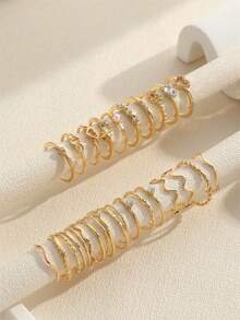 28pcs Smooth Geometric Heart Rhinestone Shaped Fashion Rings, Classic French Style Stackable Thin Band Gold Color Rings For Women - Gold - View 2