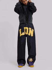 Women's Street Style Printed Straight-Leg Jeans, FOG-Inspired Loose-Fit Denim Pants For Streetwear, Daily Casual & Urban Outfits - 黑色 - 查看 6