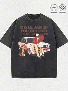 Retro Car-Themed Romantic Graphic Tee,Casual Digital Print Pure Heavy Cotton T Shirt,220g Cotton T-Shirt,Gift,Summer,Unisex - 黑色 - 查看 1