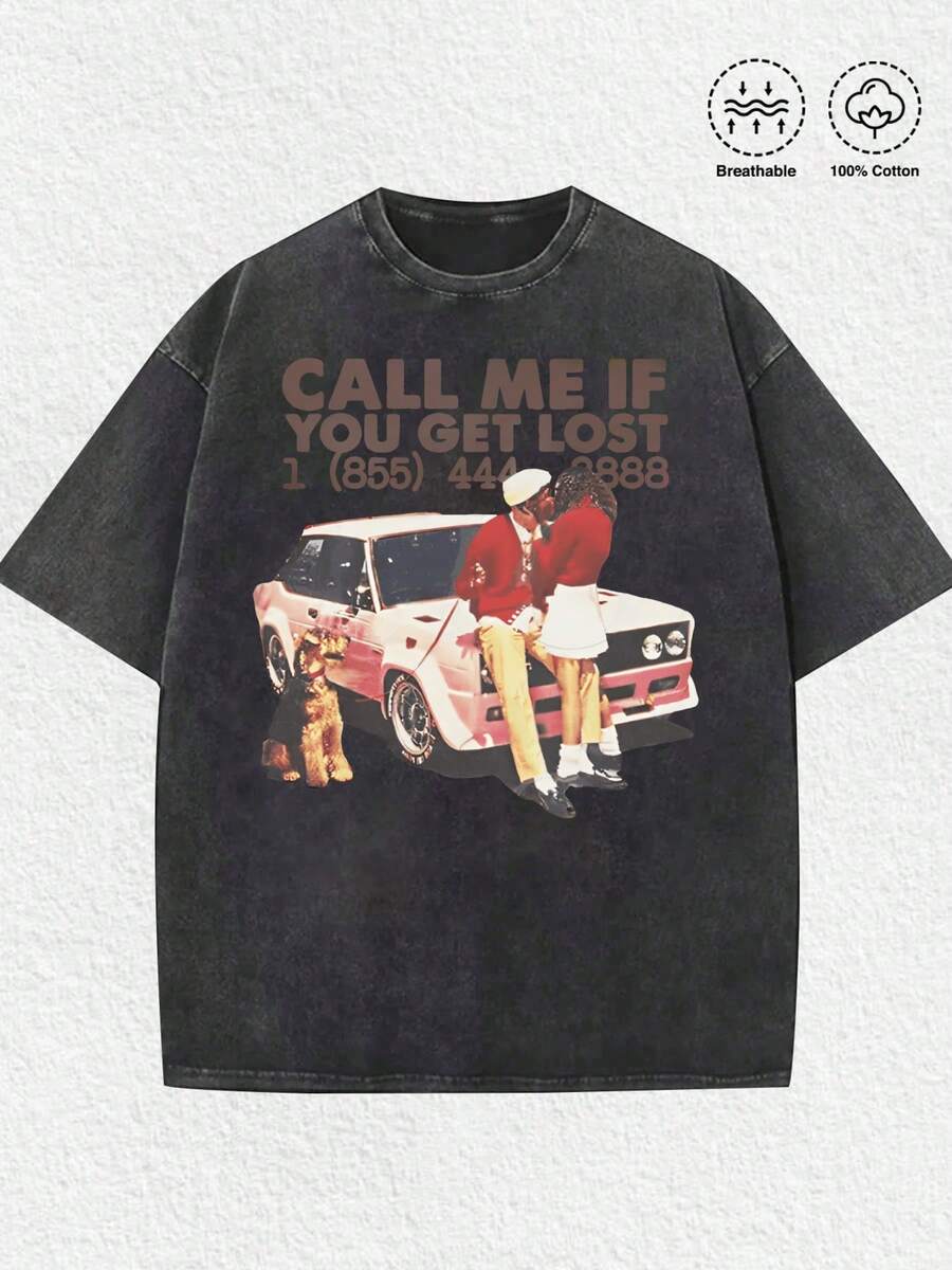 Retro Car-Themed Romantic Graphic Tee,Casual Digital Print Pure Heavy Cotton T Shirt,220g Cotton T-Shirt,Gift,Summer,Unisex - 黑色 - 查看 1