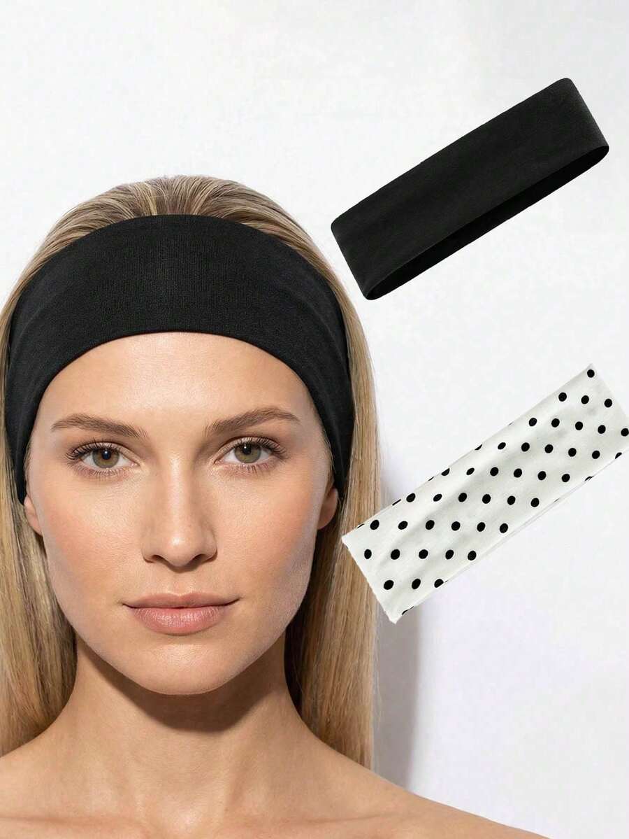 2pcs/Set Women's Fashion Polka Dot Print Soft Non-Slip Headband, Elastic Yoga Sports Headband Hair Accessories, Versatile For Daily Wear, Suitable For Multiple Occasions Women Hair Bands - White Polka Dots + Pure Black - View 1