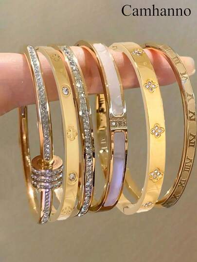 Camhanno 6/1pc Elegant Stainless Steel Bracelet - Decorated With Fashionable Pattern Details, Suitable For Daily Commute To Add Stylish Charm, Can Be Easily Matched With Formal Or Casual Outfits; Attracts Attention At Party Gatherings, Creating A Dazzling Presence For Celebration Occasions; This Excellent Valentine's Day Gift Can Enhance Feminine Charm And Make You More Attractive On Dates