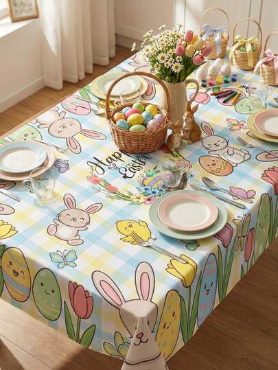 Cute Easter Bunny & Chick Print Tablecloth, Polyester Rectangular Tablecloth With Colorful Plaid Pattern, Decorated With Cartoon Eggs And Flowers, Suitable For Easter Home Decor, Outdoor Garden Party, Spring Family Gathering And Student Desk Decoration.