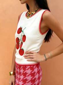 女士无袖番茄图案针织背心，休闲假日风，秋冬款 - 杏色 - 查看 6