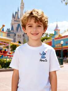 Disney Boys' T-Shirt, Stitch Alphabet Cartoon Double-Sided Print, Summer Boys' Cotton Crew Neck Short Sleeve, Suitable For Everyday Wear, Vacations, Outdoor Activities, And As A Gift For Children. - 白色 - 查看 2