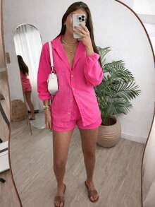 Women's Linen Long-Sleeved Set - Shorts And Shirt - Màu Hồng Tươi - Xem 2