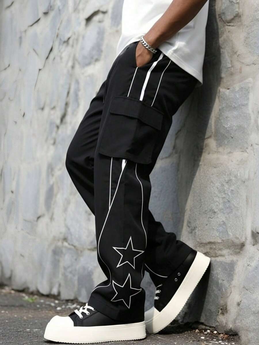 Men's Outdoor Casual Printed Straight Leg Pants, Spring/Autumn Sports - Black - View 1