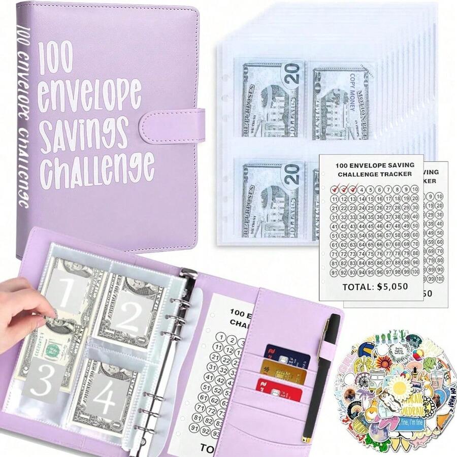 KKC 100 Envelopes Money Saving Challenge Binder, A5 Budget Binder With Cash Envelopes, Savings Challenges Book To Save $5,050, 10,000, 500, Budget Planner For Budgeting Planner Saving Money. - Màu tím - Xem 1