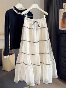 Romantic Elegant Pleated Lace A-Line Skirt For Women, Spring/Autumn, Underskirt, Wedding Dress - Apricot - View 2