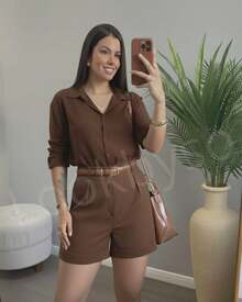 Viscolinho Women's Shirt Long Sleeve Slim Model Without Pocket Solid Colors - Chocolate Brown - View 2