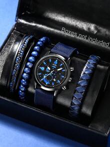 LIANDU LIANDU 1 Set Men's Watch With Calendar Function, Casual Sports Fashion Industrial Style Round Dial Quartz Watch, Paired With Men's Leather Strap, Punk Style Bracelet Set, PU Braided Wrap-Around Strap, Suitable For Daily Wear, Birthday Gift, Party, Holiday Gathering, Ideal Gift For Yourself Or Friends. No Packaging Box Included. - Blue - View 1