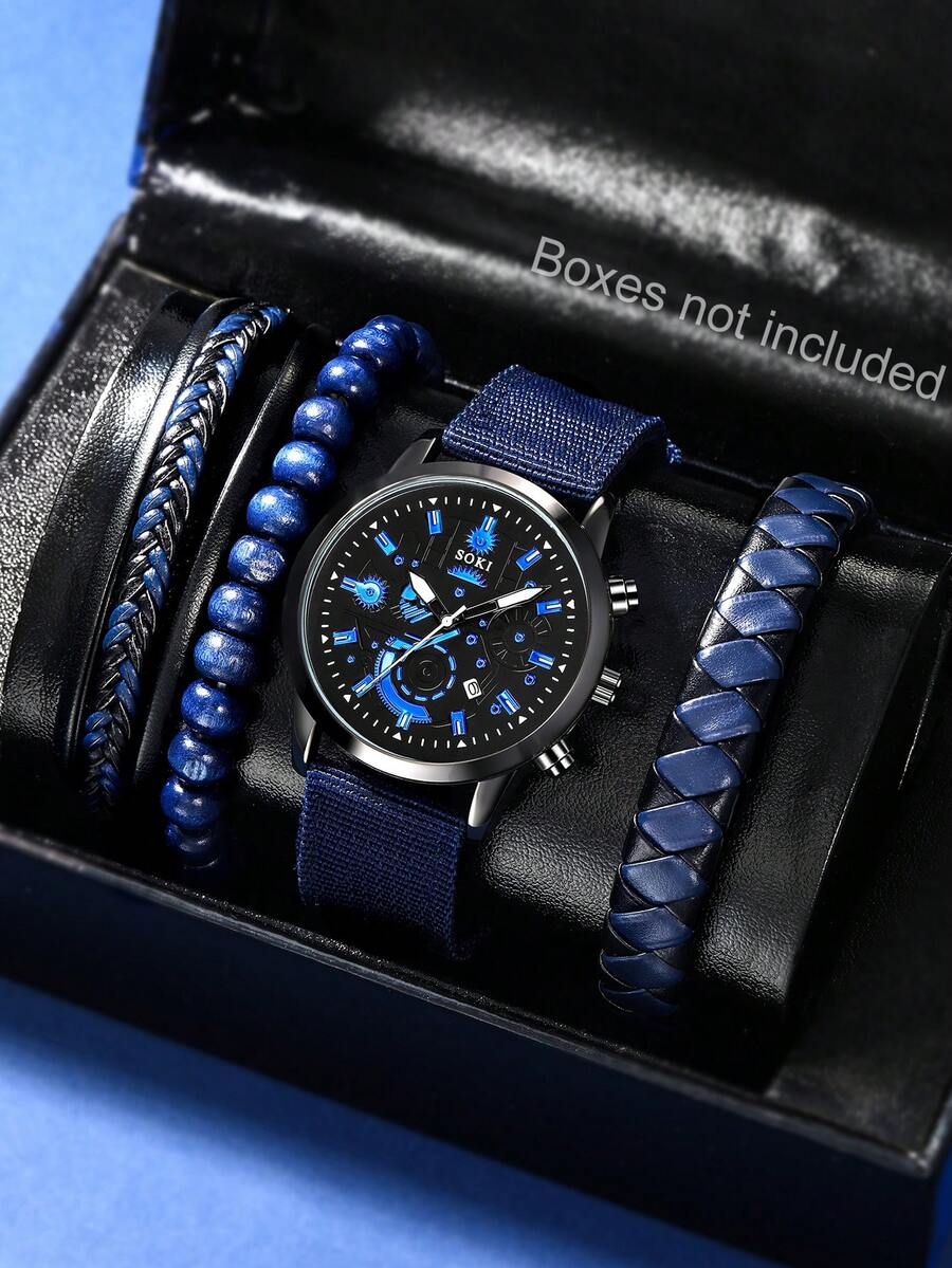 LIANDU LIANDU 1 Set Men's Watch With Calendar Function, Casual Sports Fashion Industrial Style Round Dial Quartz Watch, Paired With Men's Leather Strap, Punk Style Bracelet Set, PU Braided Wrap-Around Strap, Suitable For Daily Wear, Birthday Gift, Party, Holiday Gathering, Ideal Gift For Yourself Or Friends. No Packaging Box Included. - Blue - View 1