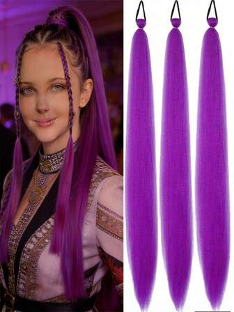 1-3pcs 26 Inch Purple DIY Braiding Hair Extensions | Women Synthetic Yaki Straight Heat Resistant Fluffy Ponytail | Suitable For Halloween, Christmas, Holiday Parties