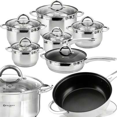 Conjunto de panelas de aço inoxidável de alta qualidade com 12 peças, incluindo frigideira antiaderente, panela para sopa e caçarolas. Resistentes e fáceis de limpar, com duas alças e tampa de vidro transparente. Compatíveis com fogões de indução e a gás. Utensílios essenciais para a cozinha, ideais para fritar, refogar e cozinhar mingau.